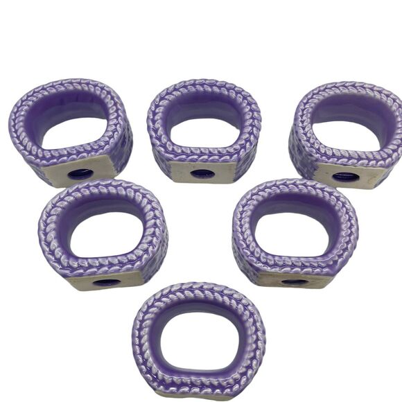 Napkin Rings Vintage Purple Ceramic Geometric Decorative Basket Weave Set Of Six - Picture 3 of 16